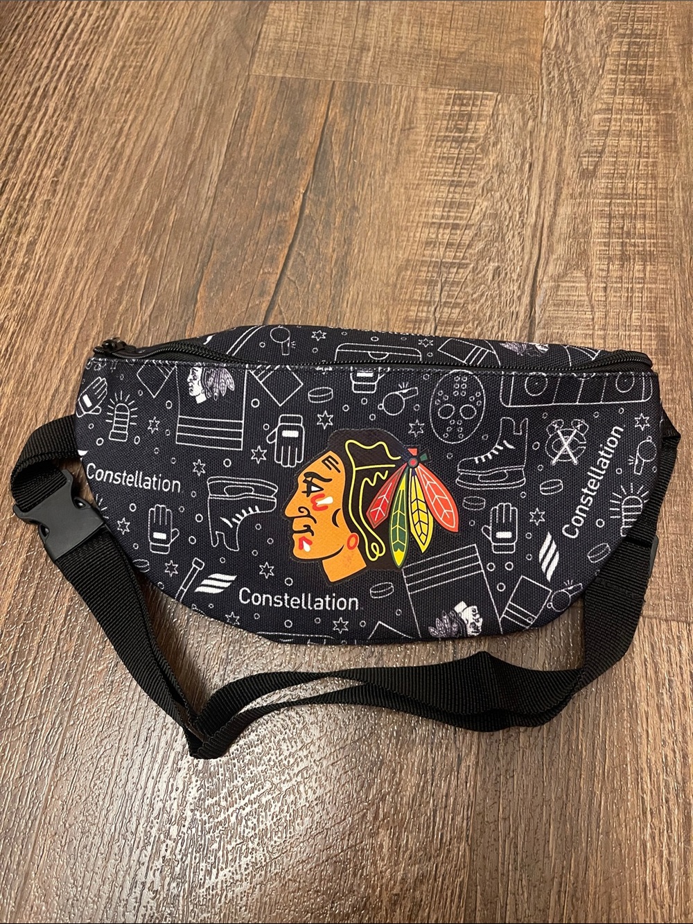 Black Constellation Graphic Waist Bag with Icon Accent